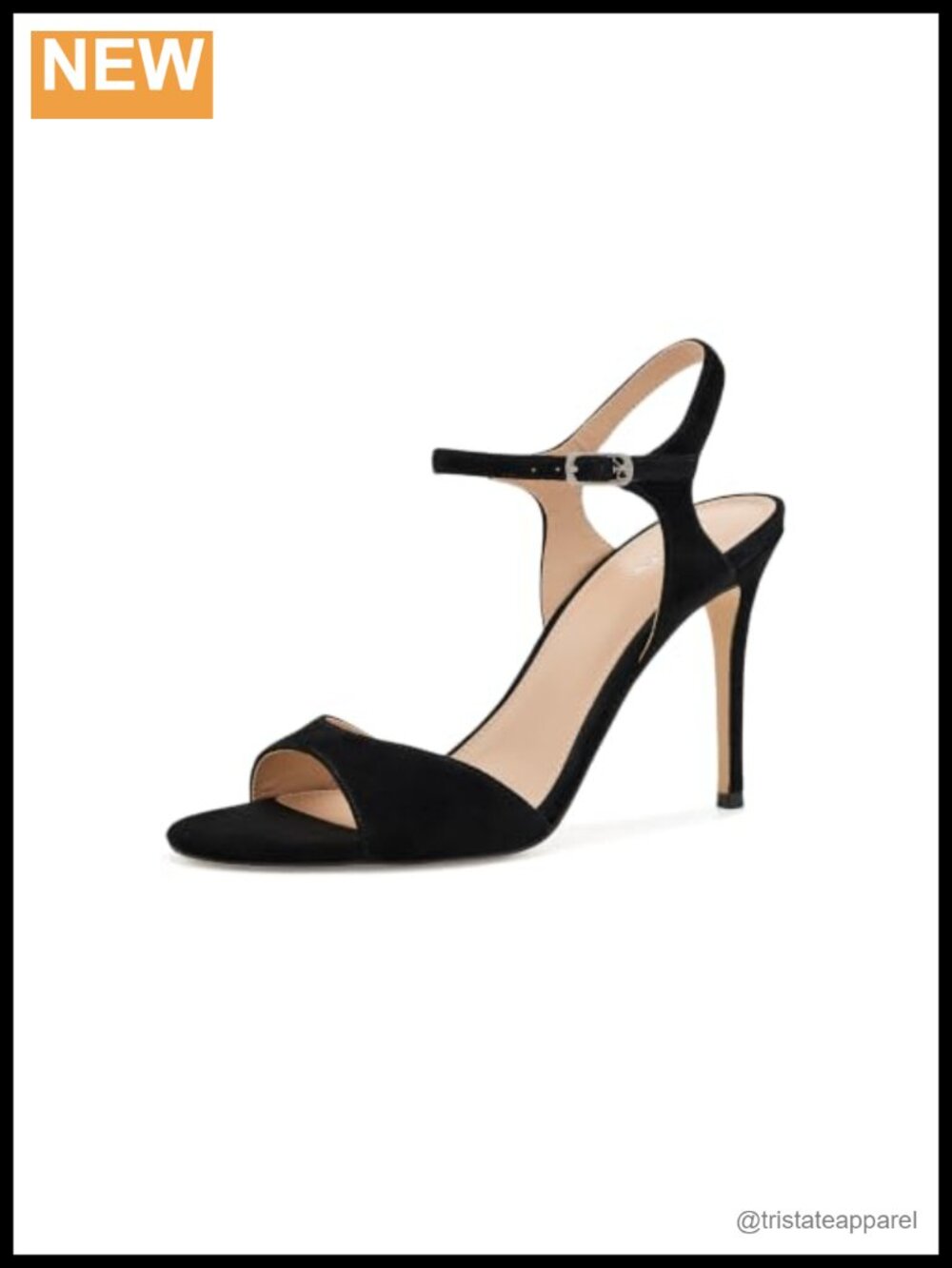 Wide Strap Stiletto Heeled Sandal with Ankle Buckle Suede